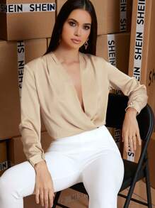 SHEIN BAE Áo sơ mi Nút Chia xoắn lại màu trơn Thanh lịch - Màu Khaki - Xem 4