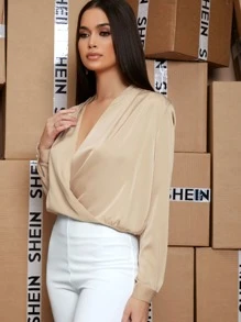 SHEIN BAE Áo sơ mi Nút Chia xoắn lại màu trơn Thanh lịch - Màu Khaki - Xem 5