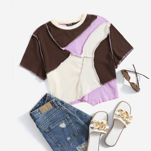 

Plus Contrast Stitch Patchwork Rib-knit Tee, Multicolor