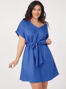 SHEIN Plus Roll Up Sleeve Solid Belted Dress - Blue - View 1