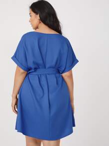 SHEIN Plus Roll Up Sleeve Solid Belted Dress - Blue - View 2
