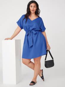 SHEIN Plus Roll Up Sleeve Solid Belted Dress - Blue - View 5