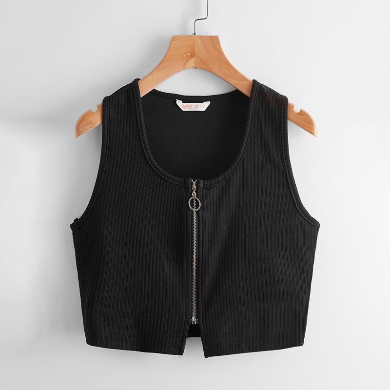 

Solid Zip Front Tank Top, Black