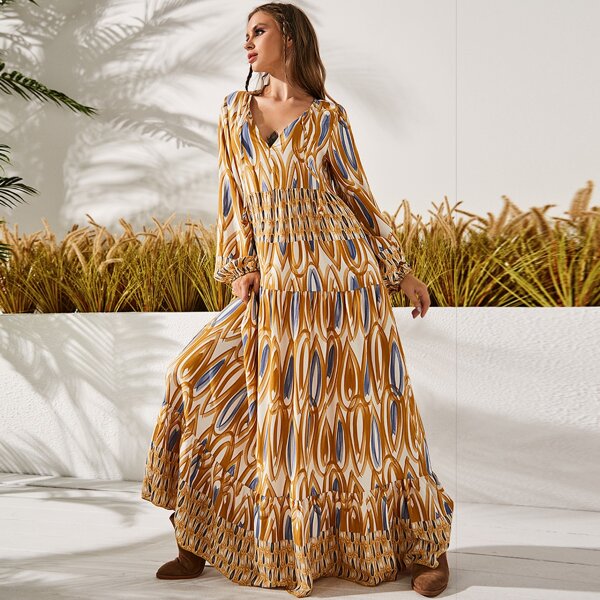 

Allover Print Lantern Sleeve Ruffle Hem Dress, Multicolor