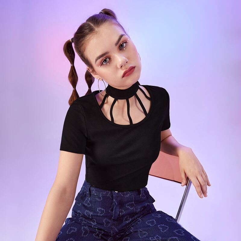 

Solid Mock Neck Cut Out Tee, Black