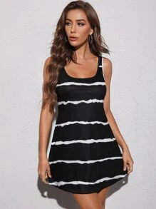 SHEIN LUNE Scoop Neck Striped Dress - Black - View 1