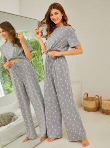 SHEIN Unity Allover Heart Print Top & Knot Waist Trousers PJ Set - Grey - View 4