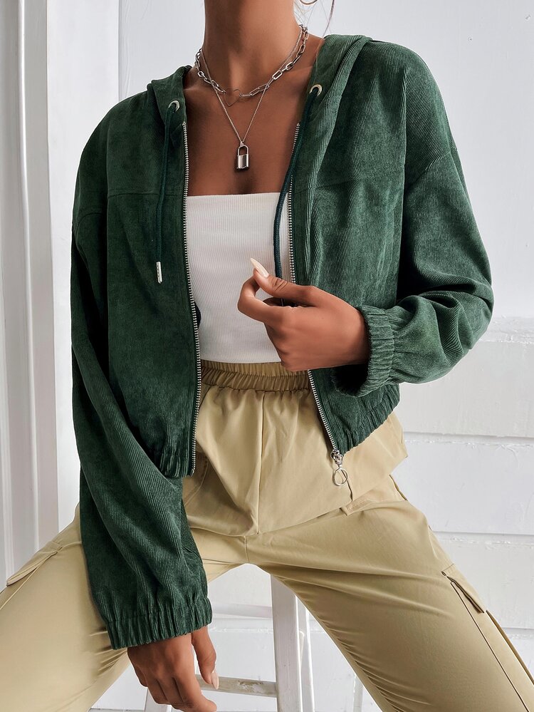 Drop Shoulder Zip Up Drawstring Hooded Corduroy Jacket - Dark Green - View 1