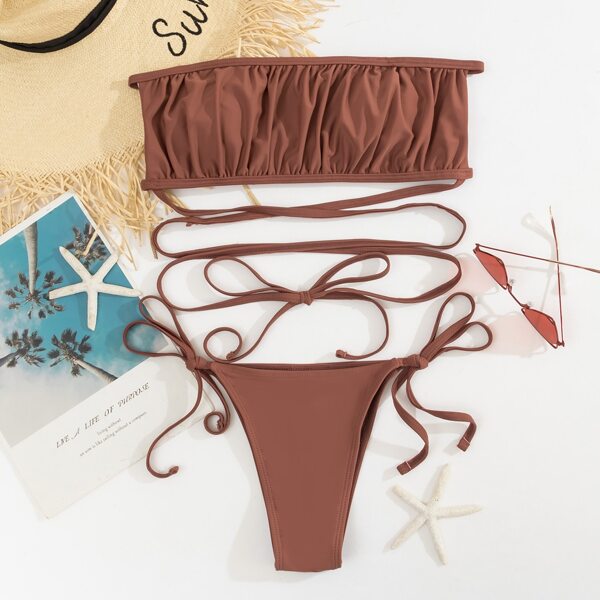 

Ruched Bust Bandeau Tie Side Bikini Swimsuit, Maroon