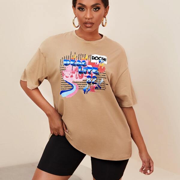

Drop Shoulder Slogan Graphic Longline Tee, Camel