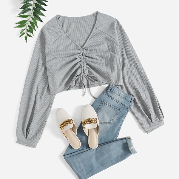 

Plus Drawstring Front Raglan Sleeve Tee, Grey