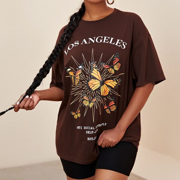 

Drop Shoulder Butterfly & Letter Graphic Tee And Biker Shorts Set, Coffee brown