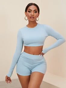 Slaydiva Solid Crop Tee & Shorts Set - Baby Blue - View 1