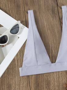 Ribbed V Neck Bikini Top, For Summer Beach Vacation - Lilac Purple - View 4