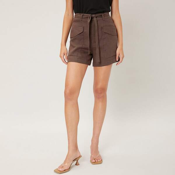 

100% LINEN UTILITY SHORTS, Coffee brown