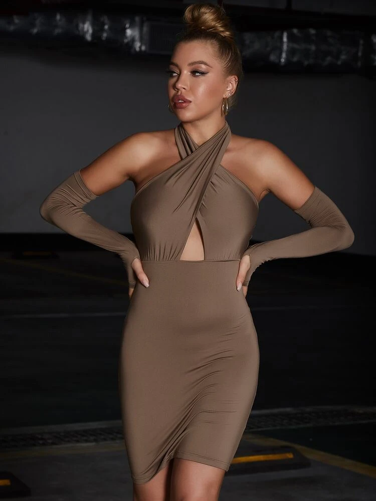 thumb hole bodycon dress High Neck Cutout Thumb Hole Long Sleeve Bodycon Dress In DAY SKY BLUE
