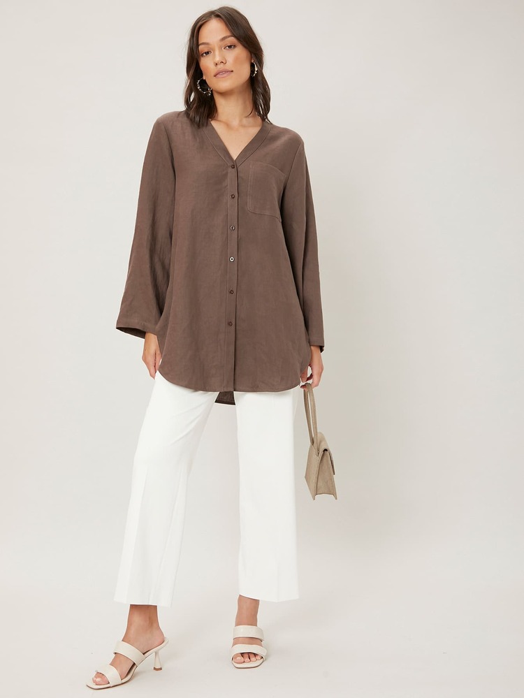 SHEIN 100% Linen Straight Longline Blouse - Coffee Brown - View 4