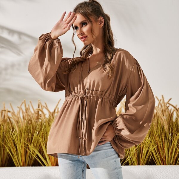 

Lantern Sleeve Drawstring Waist Blouse, Mocha brown