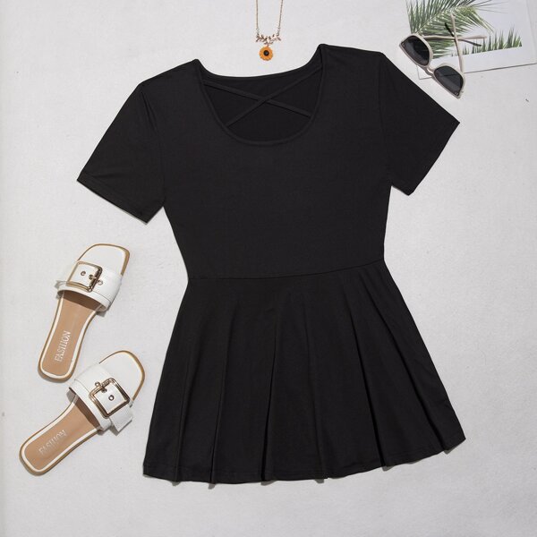 

Plus Crisscross Front Peplum Hem Tee, Black