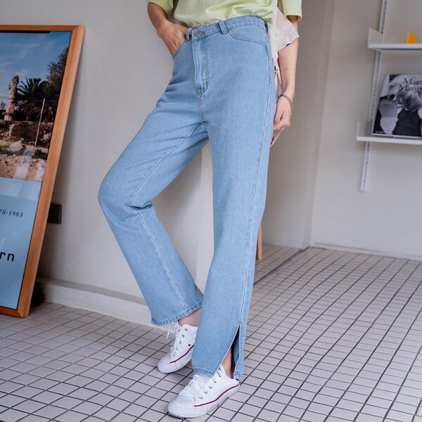 

Split Hem Straight Leg Jeans, Light wash