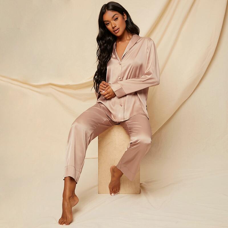 

Solid Button Front Satin Night Set, Apricot