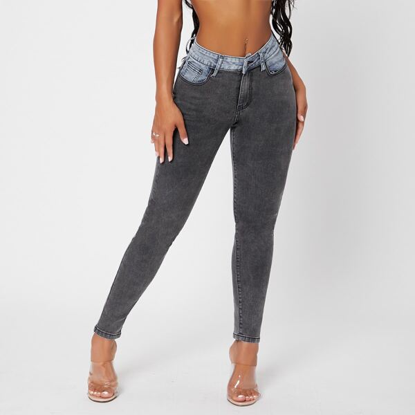 

Colorblock Zipper Fly Skinny Jeans, Dark grey