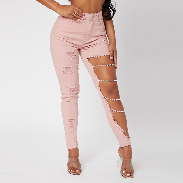 

Pearls Detail Cut out Ripped Skinny Jeans, Baby pink