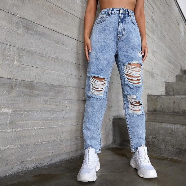 

High Waisted Ripped Jeans, Medium wash