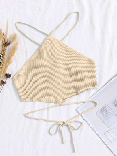 Crisscross Knotted Backless Rib Knit Top