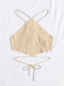 Chiquease Crisscross Knotted Backless Rib Knit Top - Apricot - View 3