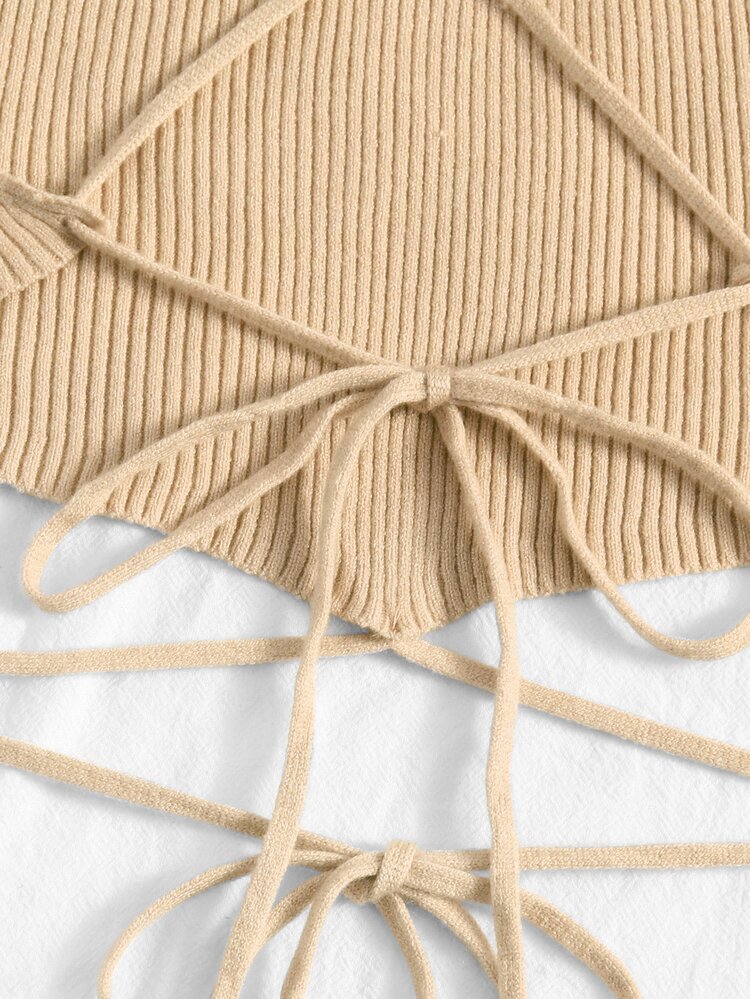 Chiquease Crisscross Knotted Backless Rib Knit Top - Apricot - View 4