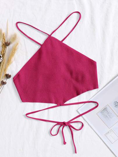 Crisscross Knotted Backless Rib Knit Top