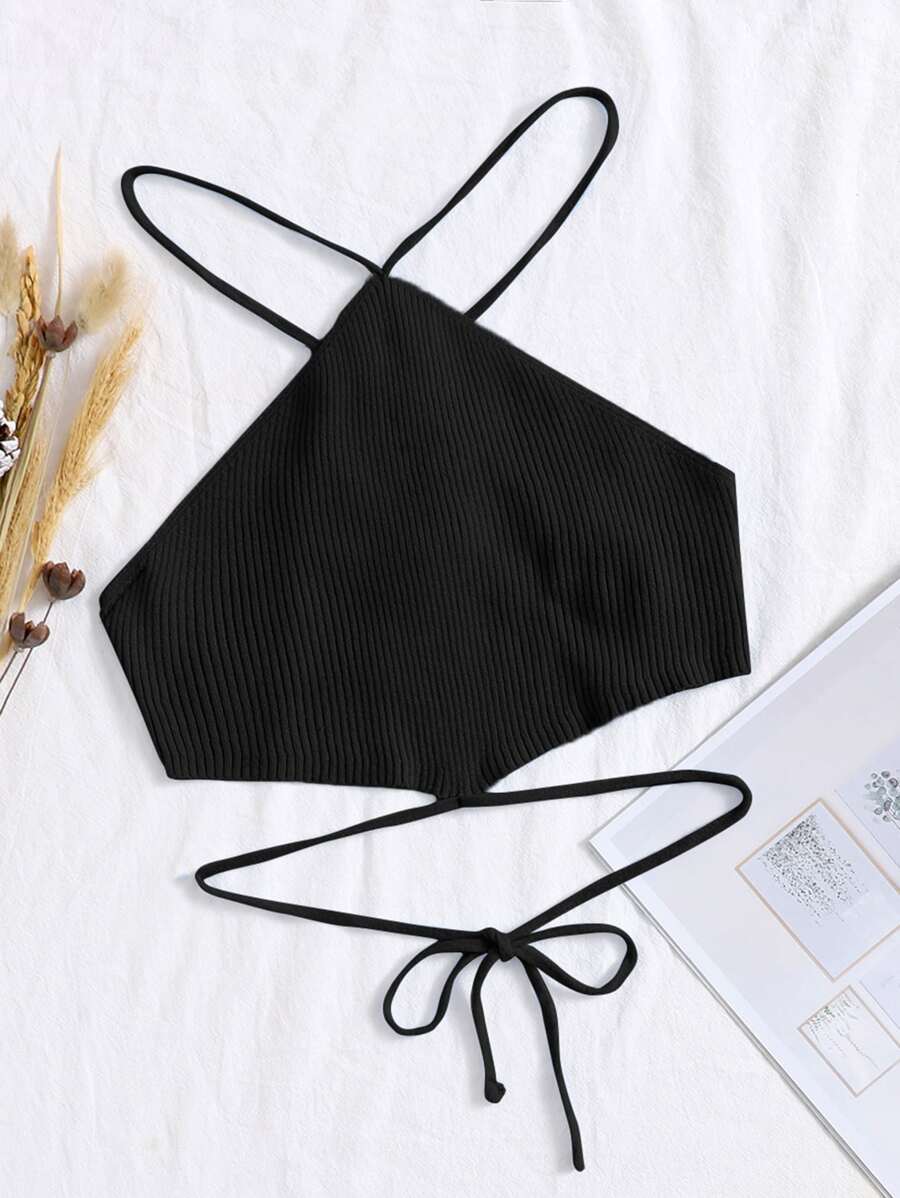 Crisscross Knotted Backless Rib Knit Top - Black - View 1