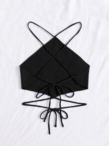 Crisscross Knotted Backless Rib Knit Top - Black - View 2