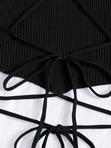Crisscross Knotted Backless Rib Knit Top - Black - View 3