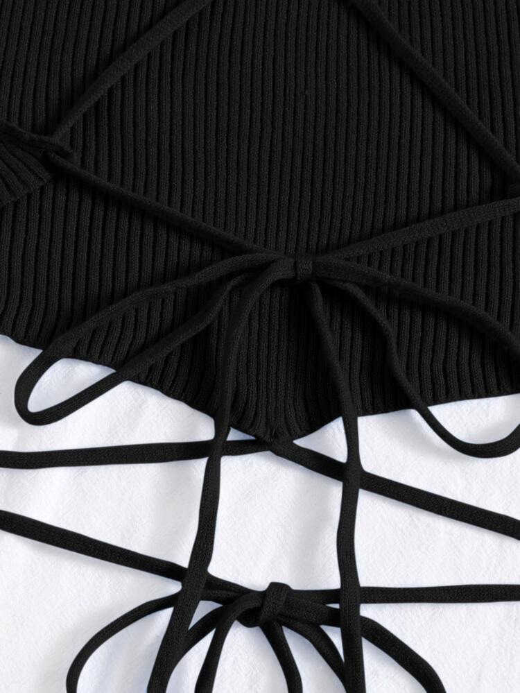 Crisscross Knotted Backless Rib Knit Top - Black - View 3