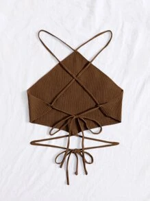 Breezaya Knit ngọn Lộ Lưng Hội Chữ thập Buộc lại màu trơn Gợi cảm - Cà phê nâu - Xem 2