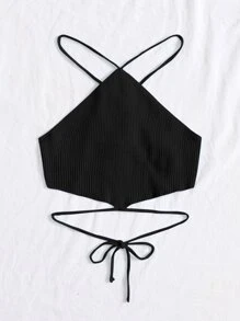 Crisscross Knotted Backless Rib Knit Top - Black - View 4