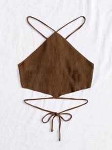 Breezaya Knit ngọn Lộ Lưng Hội Chữ thập Buộc lại màu trơn Gợi cảm - Cà phê nâu - Xem 4
