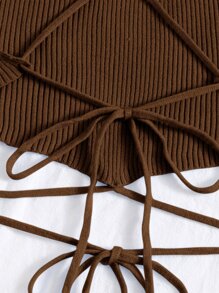Breezaya Knit ngọn Lộ Lưng Hội Chữ thập Buộc lại màu trơn Gợi cảm - Cà phê nâu - Xem 5