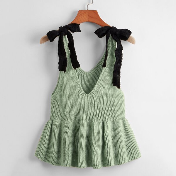 

Tie Shoulder Ruffle Hem Knit Top, Mint green
