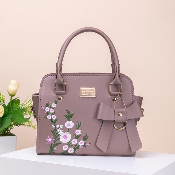 

Floral Embroidery Satchel Bag, Dusty purple