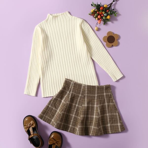 

Girls Mock Neck Ribbed Knit Sweater & Plaid Skirt, Multicolor