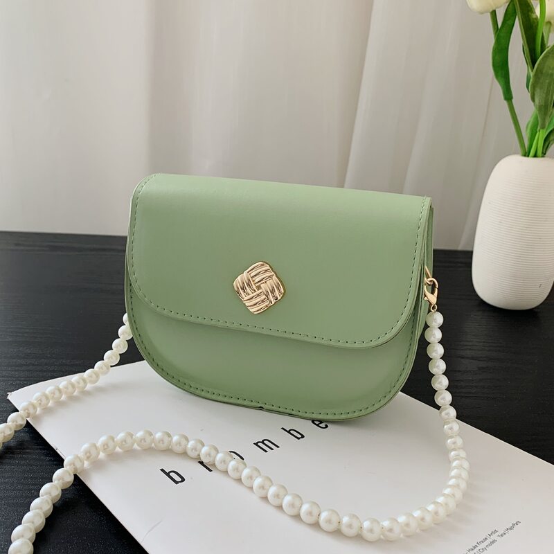 

Faux Pearl Strap Saddle Bag, Green