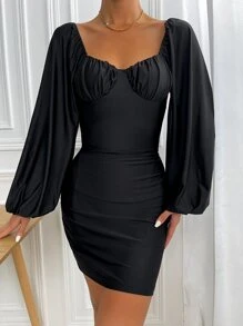 Ruched Lantern Sleeve Dress - Black - View 1
