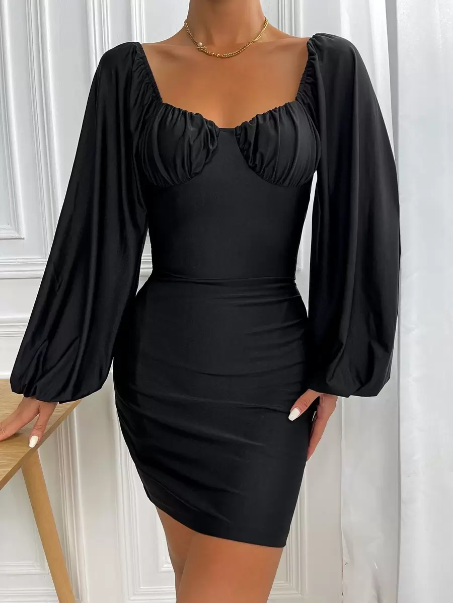 Ruched Lantern Sleeve Dress - Black - View 1