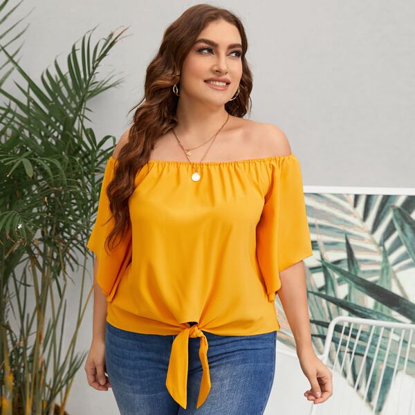 

Plus Off Shoulder Tie Hem Blouse, Yellow