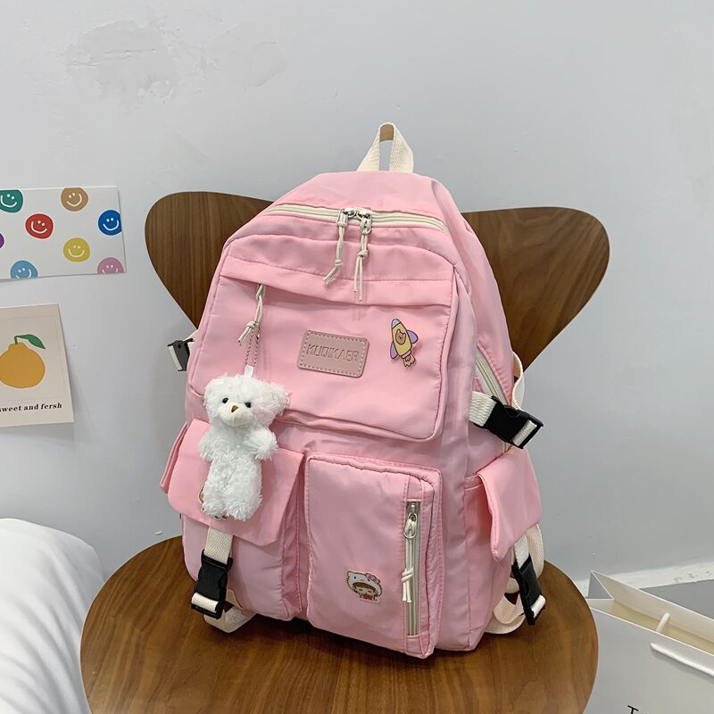 

Buckle Decor Backpack with Cartoon Charm, Pink