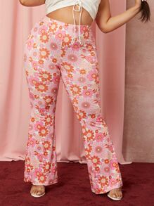 SHEIN SXY Plus Floral Print High Waist Flare Leg Trousers - Multicolor - View 1