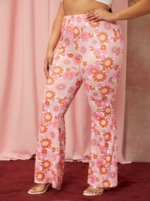SHEIN SXY Plus Floral Print High Waist Flare Leg Trousers - Multicolor - View 3